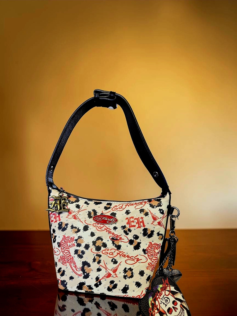 NEW Ed Hardy Y2K Mini Hobo Shoulder Bag Cream Leopard Print with Bag Charms NWT